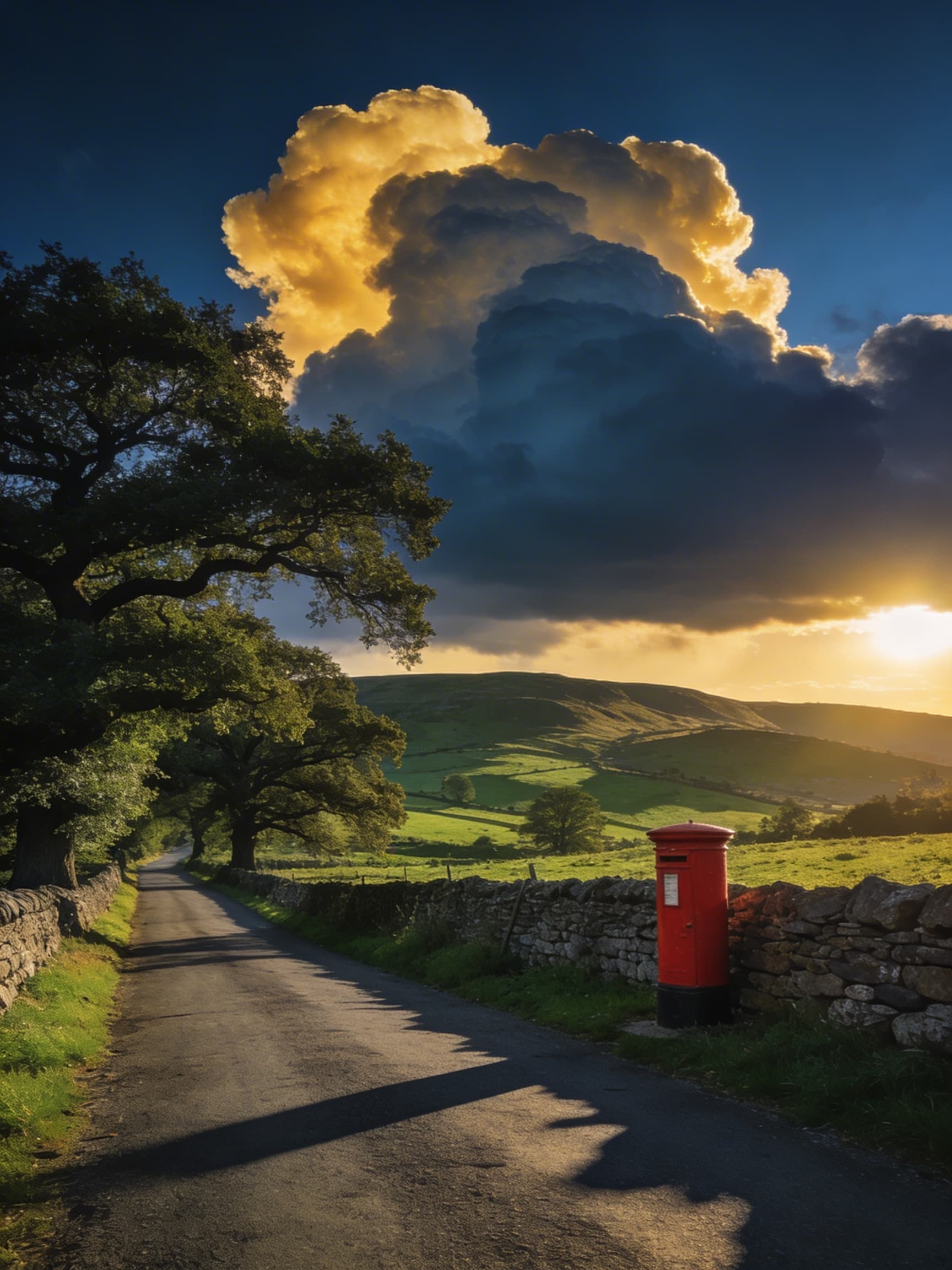 English country lane with red postbox and rolling hills