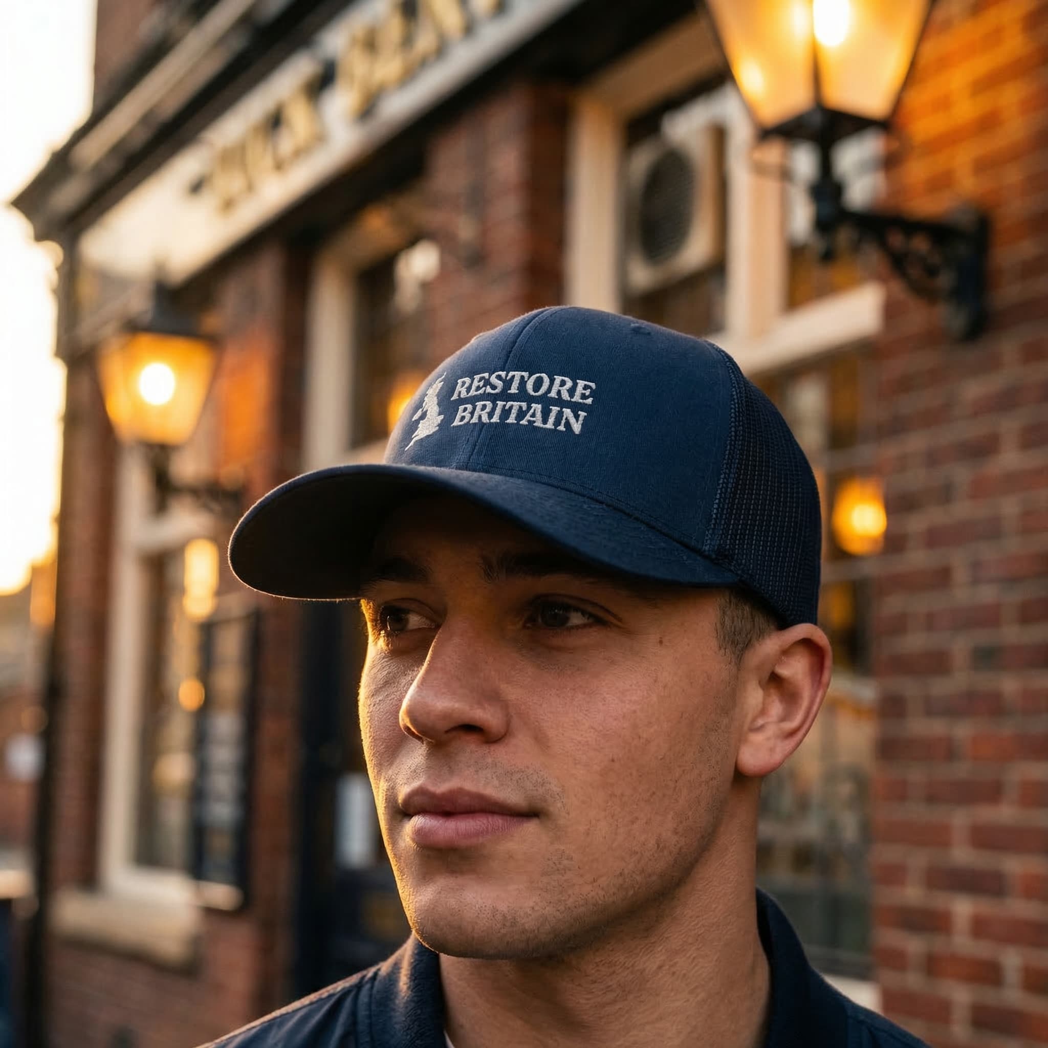 Man wearing Restore Britain cap