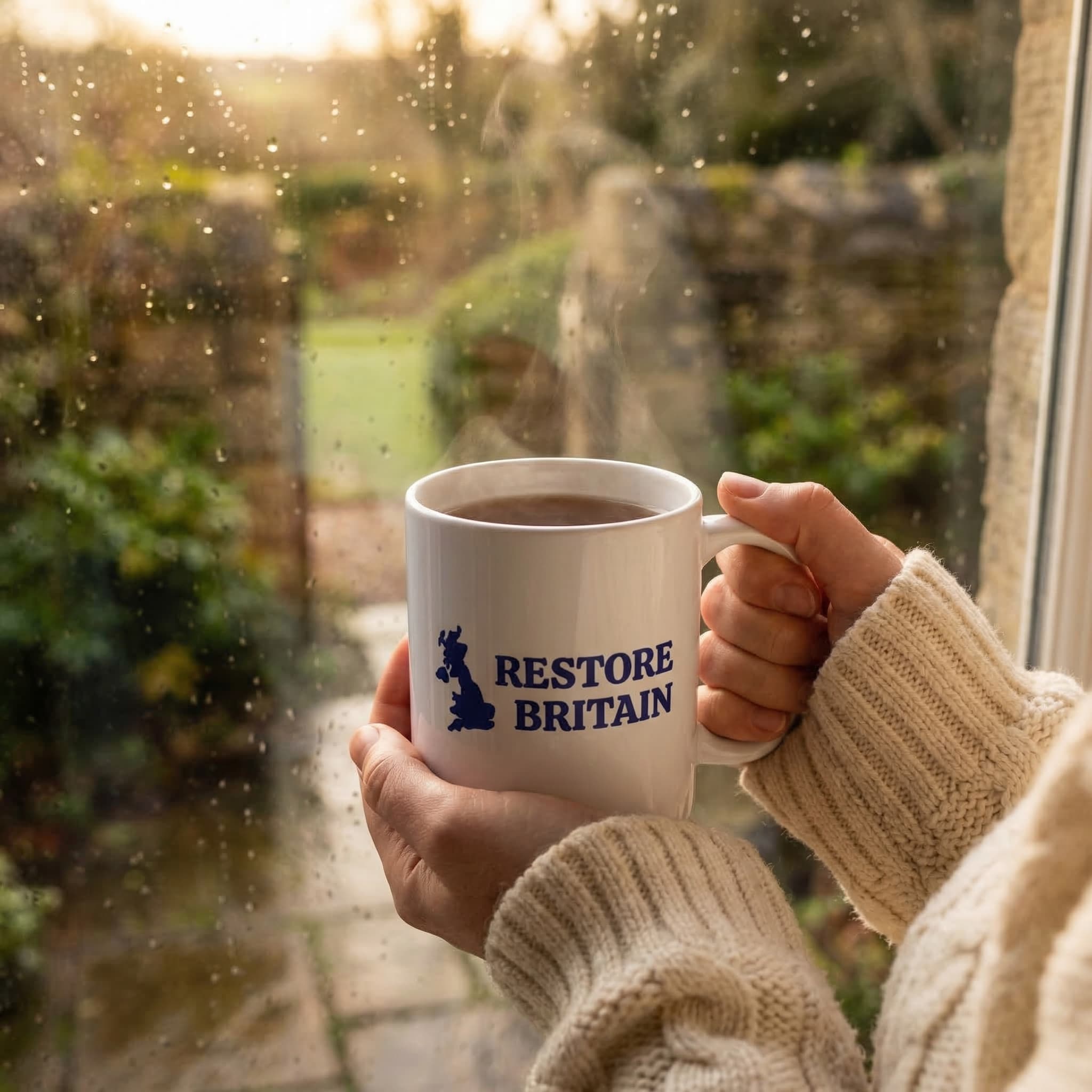 Restore Britain mug by rainy window