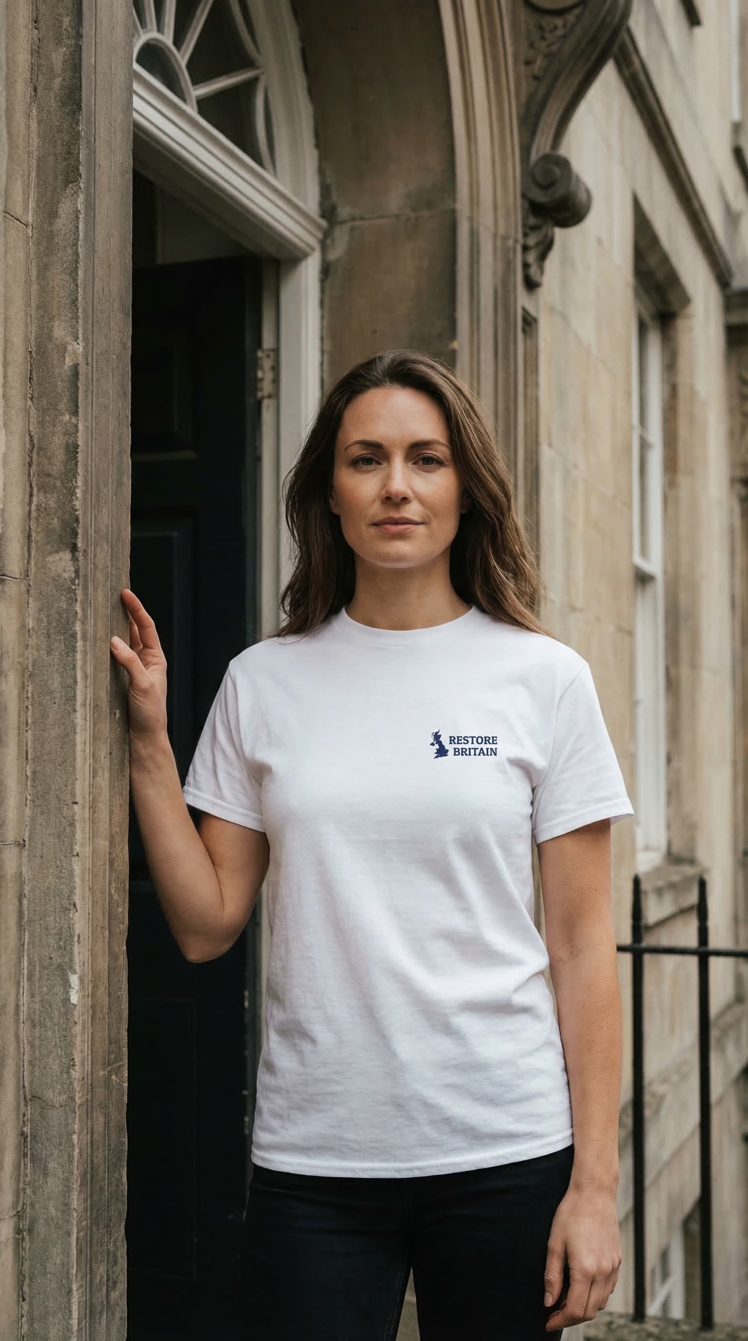 Woman in Restore Britain tee