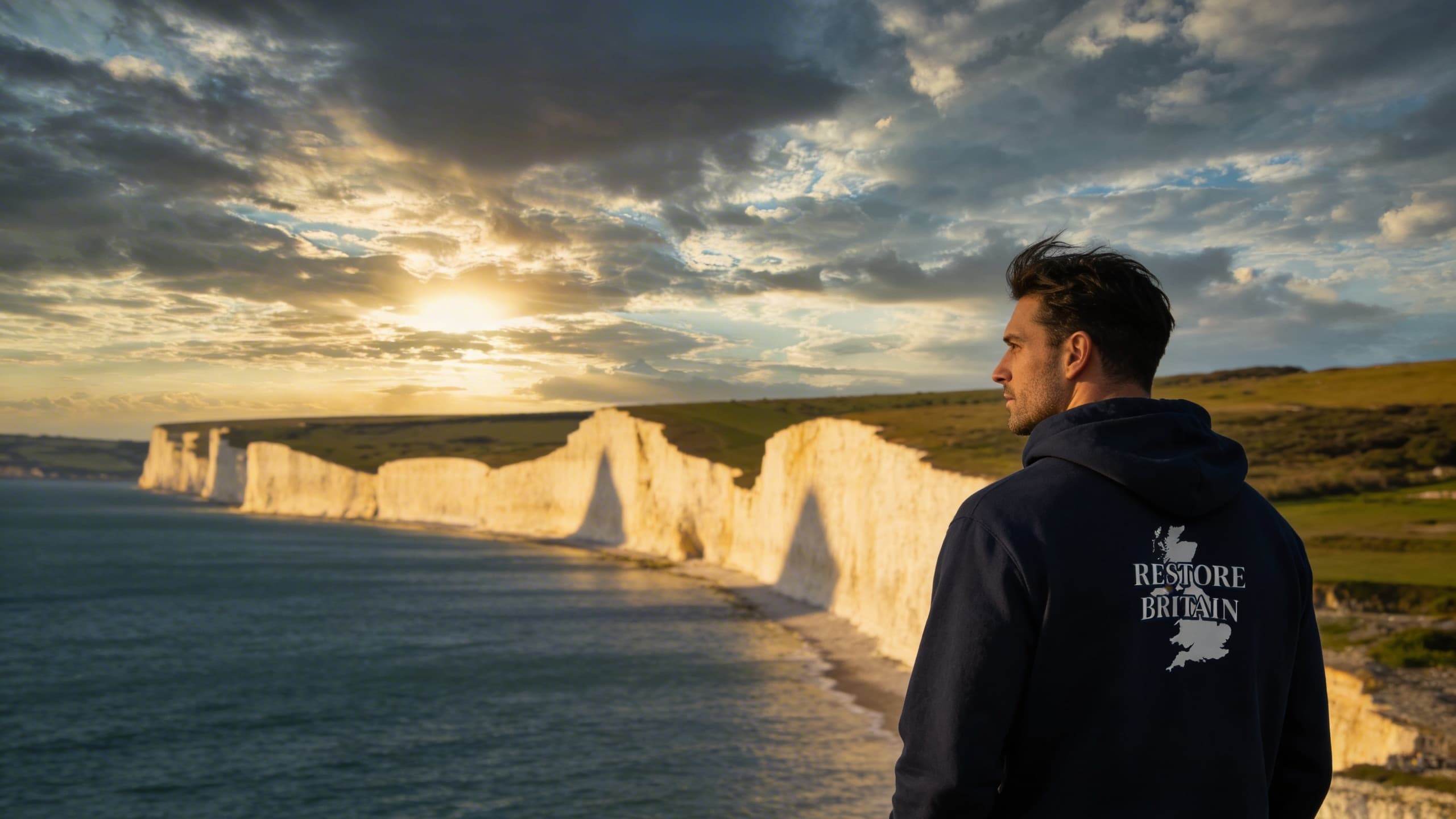 Man wearing Restore Britain hoodie on the White Cliffs